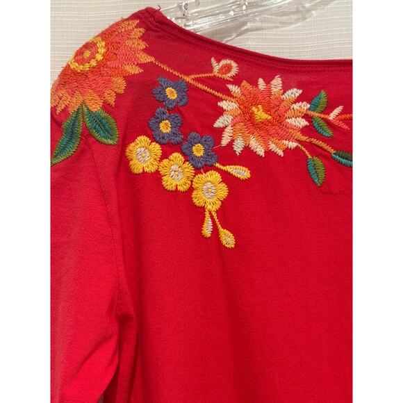JOHNNY WAS JWLA Red Cotton Floral Embroidered 3/4 Sleeve Scoop Neck Dress S - Picture 5 of 7